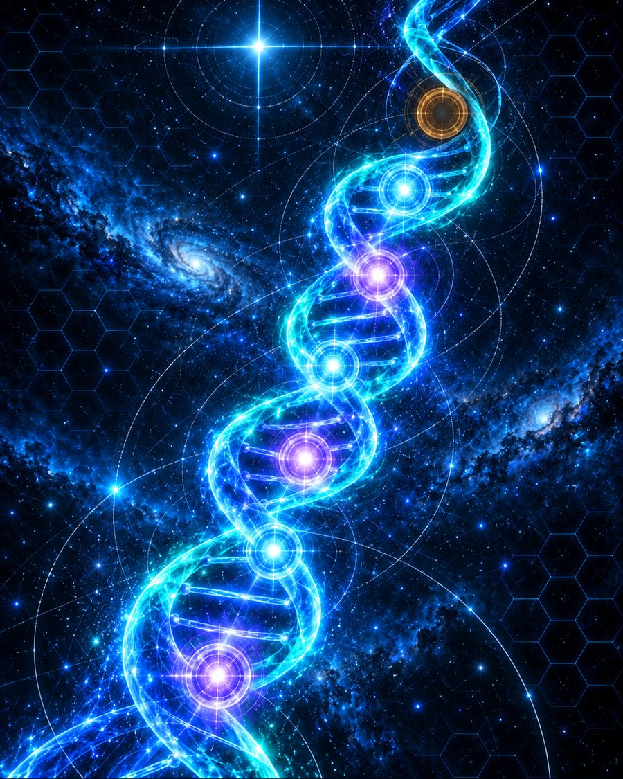 The seven Arcturian strands — six glowing, one still sealed in amber